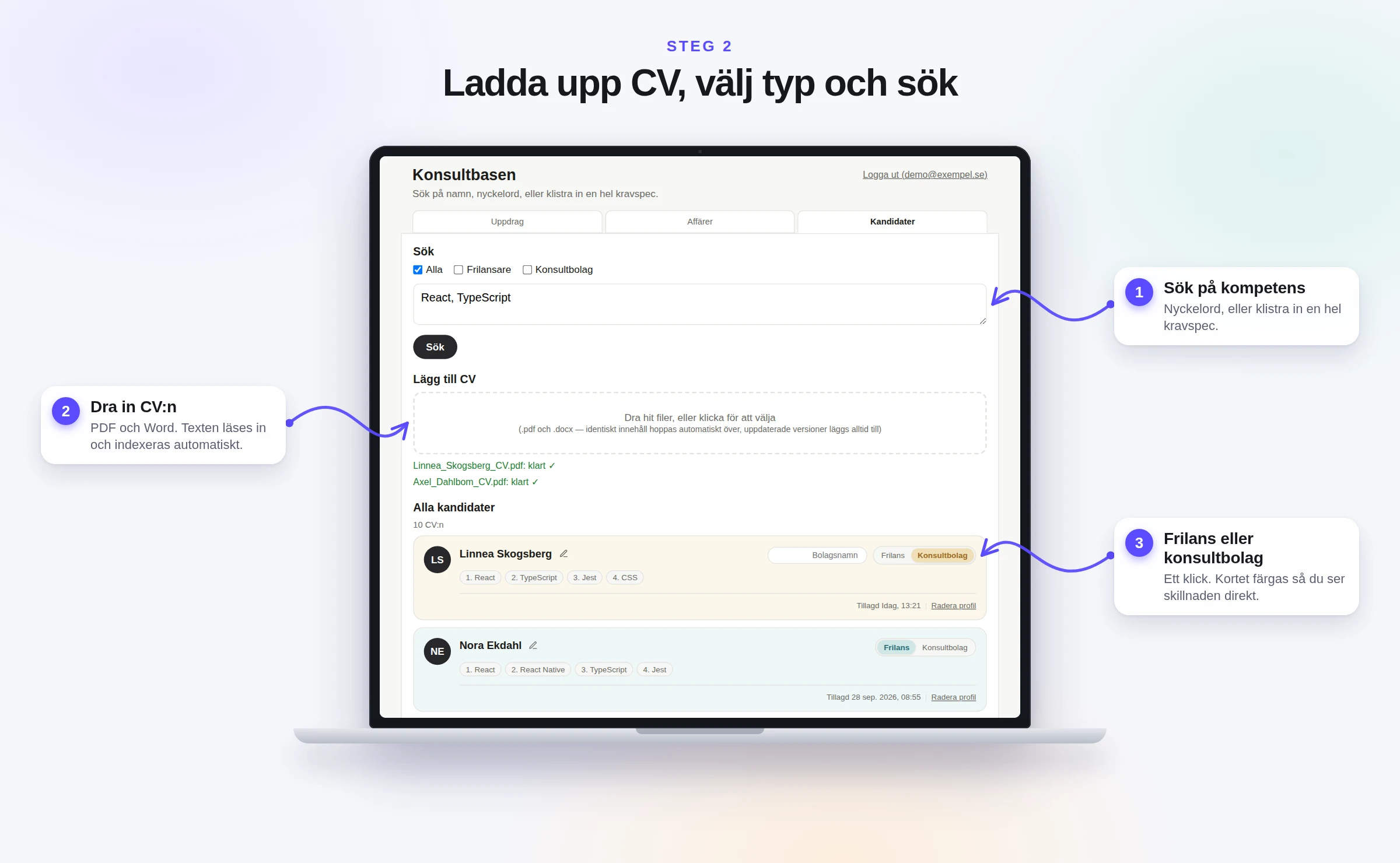 Konsultbasen med sökruta, uppladdning av CV och kandidatkort med val mellan frilans och konsultbolag